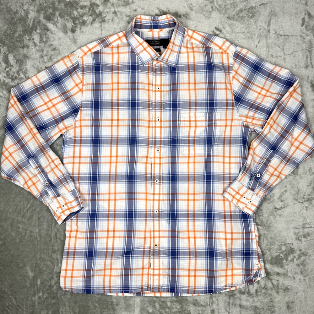 Nat Nast Long Sleeve Shirt American Fit Orange Blue Plaid Lightweight Large